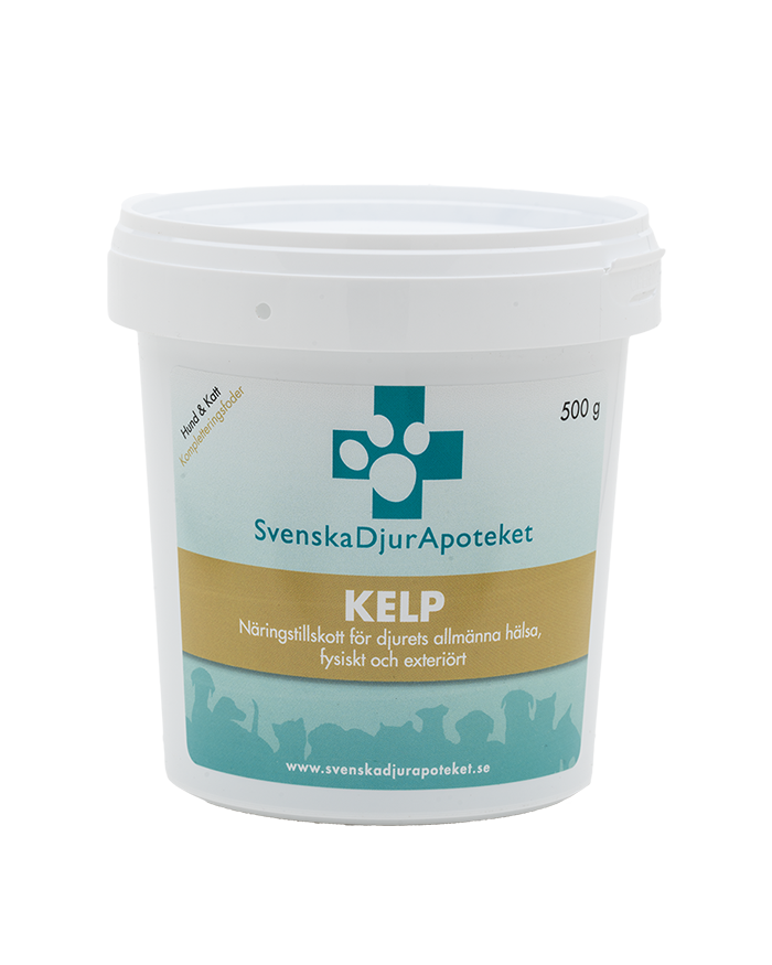Kelp är ett tillskott för hundar och katter och främjar djurets allmänna hälsa. Kelp är gjord på knöltång och har en mängd vitaminer, mineraler och proteiner som främjar högre motståndskraft mot infektioner, bidrar till god matsmältning och är ett tillskott som boostar inifrån. Svenska DjurApoteket rekommenderar Kelp i kombination med Omega-3 kapslar för starka trampdynor.