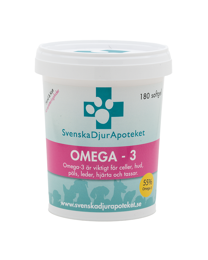Omega-3 kapslar främjar starka trampdynor, klor och främjar en välmående allmänhälsa. Omega-3 är fördelaktigt för glansigare och tätare päls, leder och hjärt-kärlhälsan. Svenska DjurApotekets Omega-3 är av anjovis och sardin och är ett fodertillskott för hundar och katter.