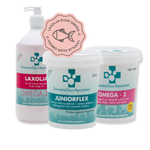 Paket till valp-unghund - Tillskott för unghund eller valp som främjar leder, brosk, immunsystemet och hjärt-kärlhälsan, päls, hud, klor och trampdynor. Paketet är framtaget av Svenska DjurApoteket så det blir lätt för dig som kund att veta vad för tillskott du ska köpa till din hund. Laxolja eller Omega-3 kapslar och JuniorFlex främjar hundens hälsa och aktiva livsstil.