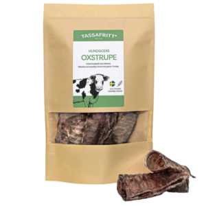 Oxstrupe från Tassafritt är ett gott tuggben till medium till stora hundar. 100% naturligt, svensktillverkat och utan konstgjorda ämnen.