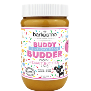 Buddy Budder Birthday är ett jordnötssmör för alla hundar. Helt naturligt utan tillsatser, socker eller salt. Nyttig på protein och fetter. För alla hundar oavsett ålder.